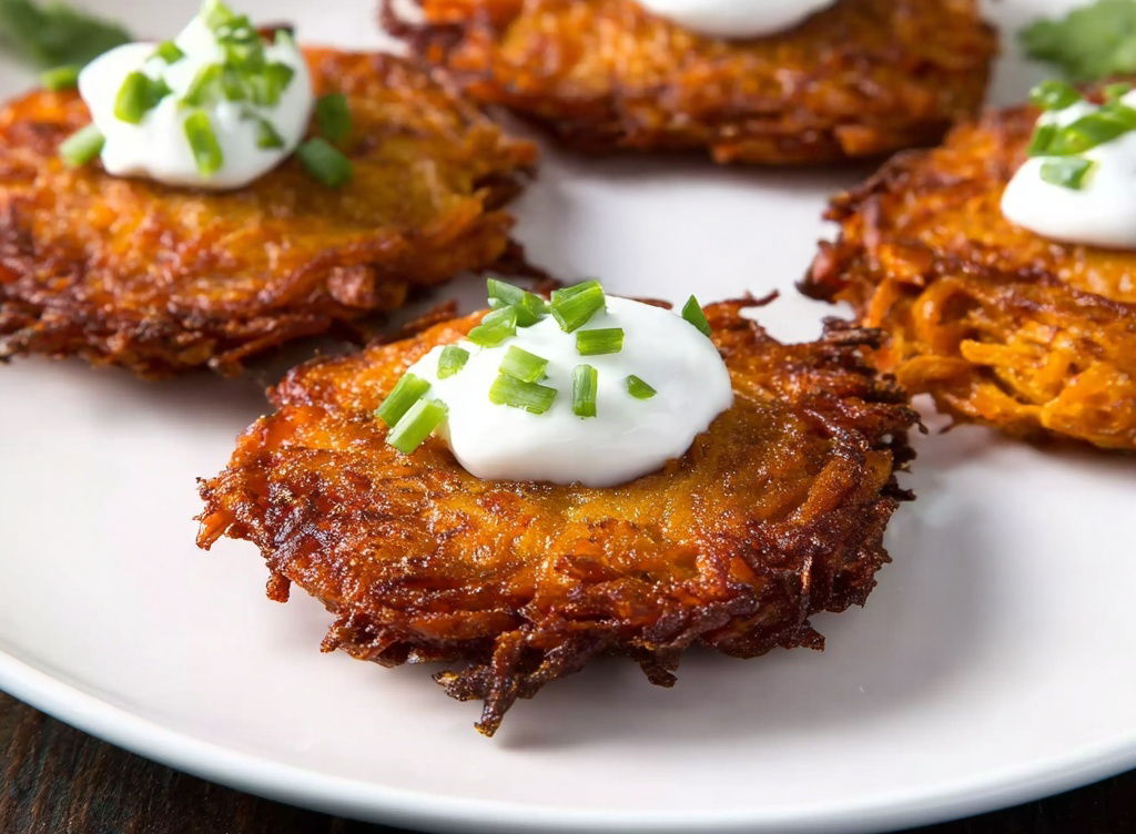 Sweet Potato Latkes with Maple Cream